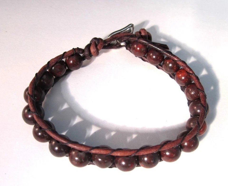 Men's Women's Western Cowboy Antique Brown Leather Bloodstone Wrap Bracelet  - Image 4 of 4