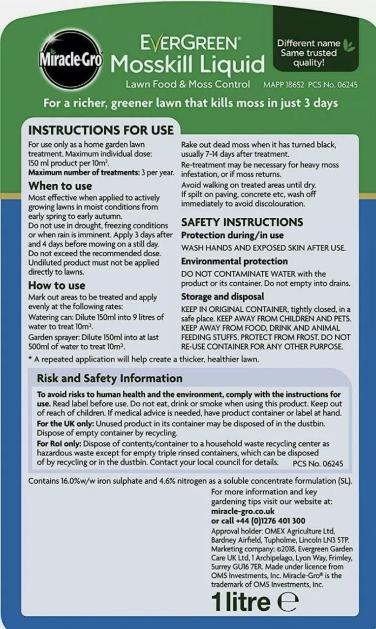 🌿Miracle Gro EverGreen Moss Killer Liquid Lawn Food🌿1Litre NEW