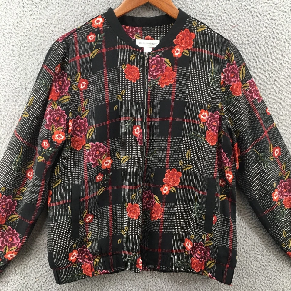 Christopher & Banks Zip Up Jacket Womens Medium Black Red Plaid Floral NEW - Image 2 of 4