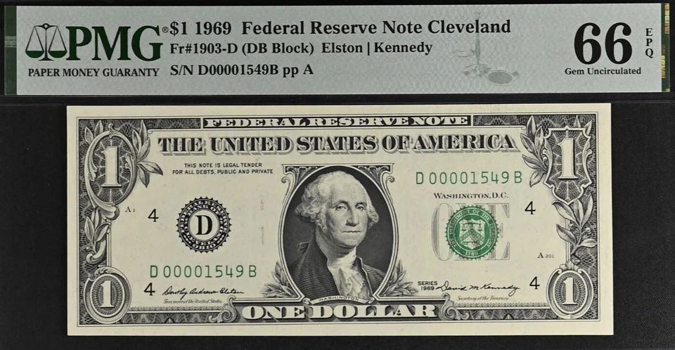 1969 $1 Federal Reserve Note - PMG 66EPQ - Birthday - Low Serial Number 00001549 - Image 2 of 3