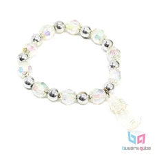 New Crystal Capped Rosary Bracelet w/ Holy Water Bottle Pendant 7" Stretchable