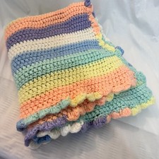 Handmade Crocheted Afghan Soft Baby Blanket Pastel Stripe 30 X 48 EUC