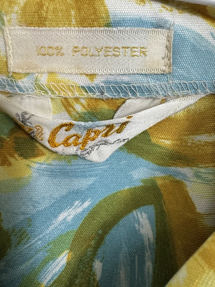 Camisa vintage años 60 70 talla mediana para hombre cuello daga amarillo azul floral discoteca Foto 3 de 4