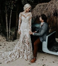 Boho Lace Mermaid Wedding Dresses With Long Sleeves Open Back Beach Bridal Gown
