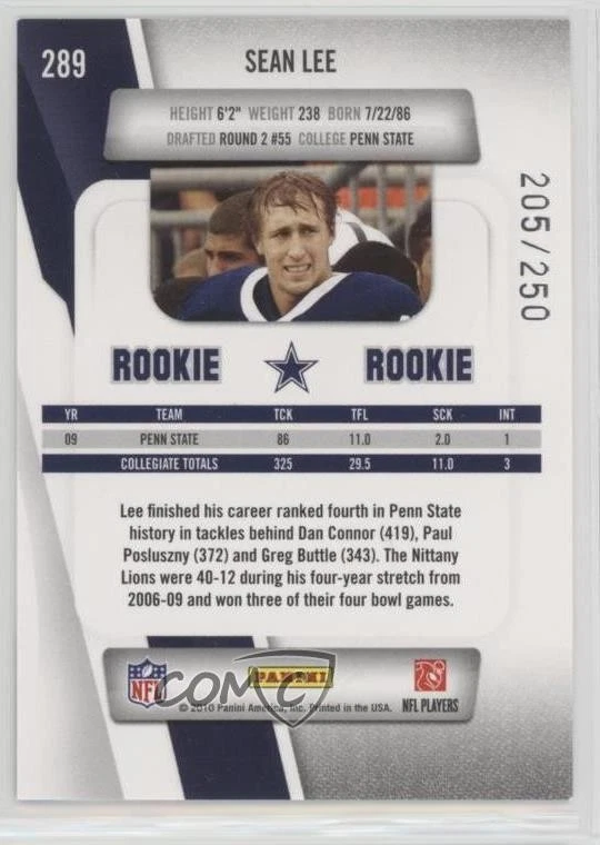 2010 Playoff Prestige Rookie Xtra Points Gold /250 Sean Lee #289 Rookie RC - Image 2 of 2