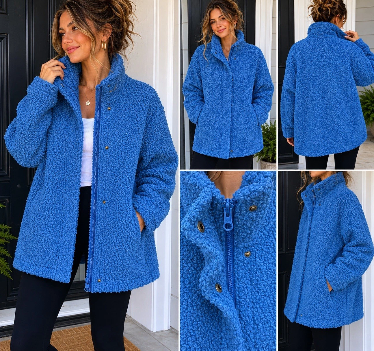 Lands’ End Teddy Fleece Jacket Coat Blue Women’s Large P 14-16 Sherpa Full Zip