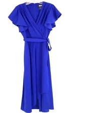 DKNY 6 Royal Blue Flutter Sleeve Wrap Midi Dress Size 6 High Low Hem RDD10672