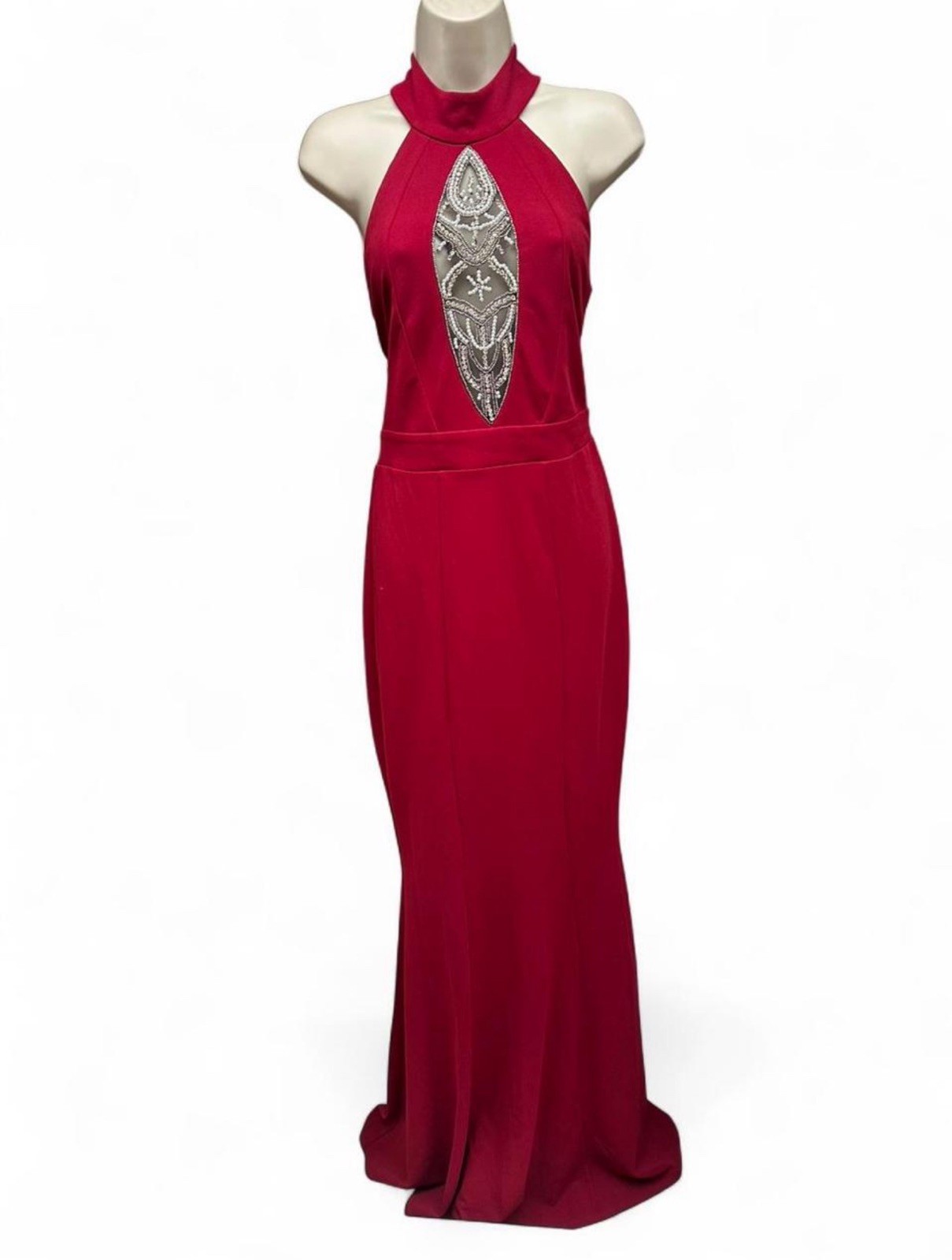 Maxi Vestido de Noche Goddiva London Borgoña Embellecido Cuello Halter Reino Unido 12 - Nuevo