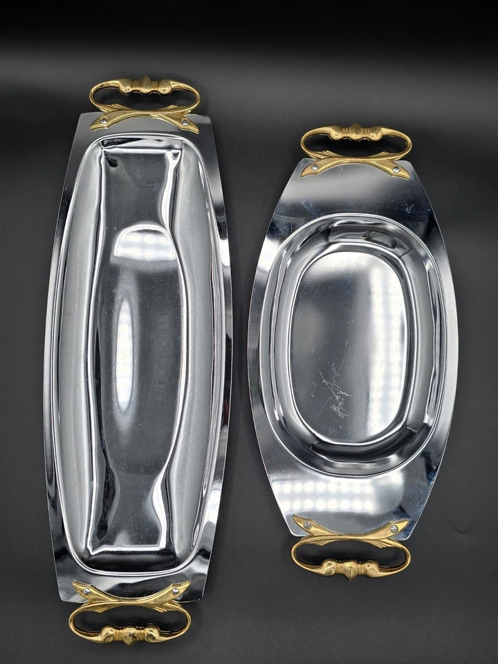 2 lot Vintage Kromex Serving Party Tray Platter Dishes MCM Brass Handles - Image 2 of 4