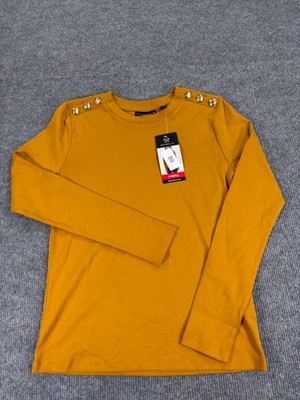NWT! Rafaella Shirt Womens XS Brown Button Shoulder Long Sleeve Crewneck Top