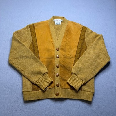 Cedar Hill Cardigan Mens L Gold Wool Suede Front Cable Knit Vintage Button Up
