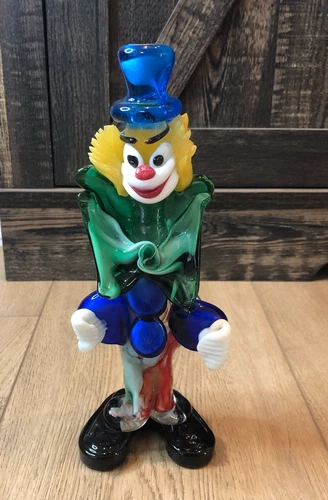 VTG Murano Italy Art Glass Hand Blown Clown 8" Lg Green Bow Tie Blue Buttons Hat