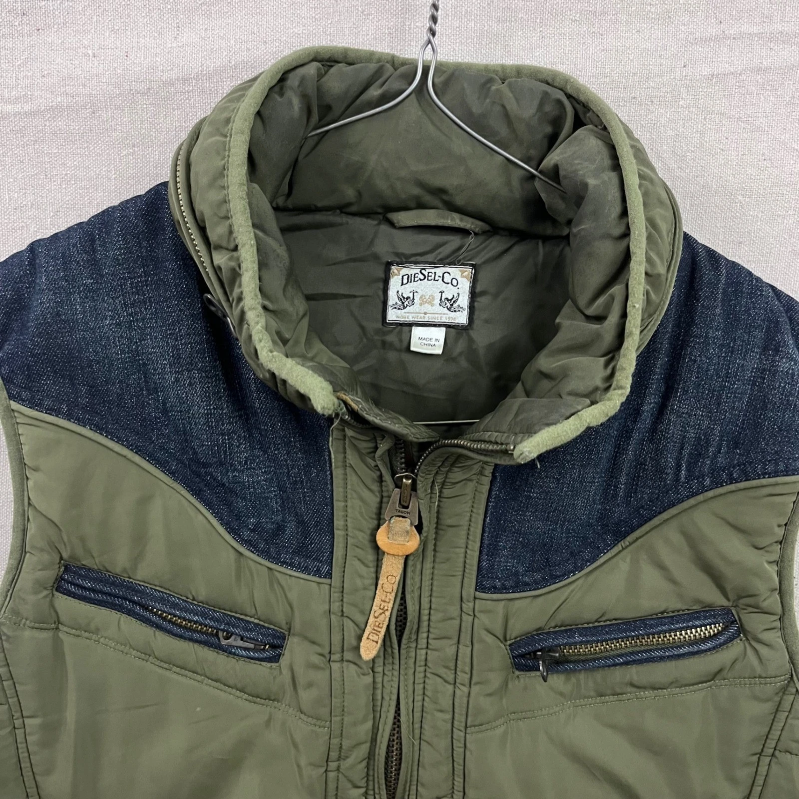 Diesel Puffer Vest Mens S Olive Green Denim Western Yoke Teflon Quilted Hooded