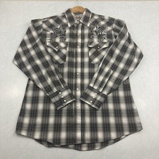 ELY Cattleman Western Shirt Mens Medium Pearl Snap Long Sleeve Embrodery Pockets