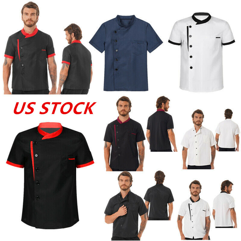 Mens Short Sleeve Chef Shirt Jacket Cooking Coat Button Down Kitchen