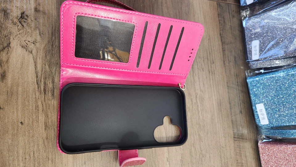 Funda tipo billetera para iPhone 16 con correa de espejo soporte para efectivo para tarjeta de crédito brillo Foto 2 de 4