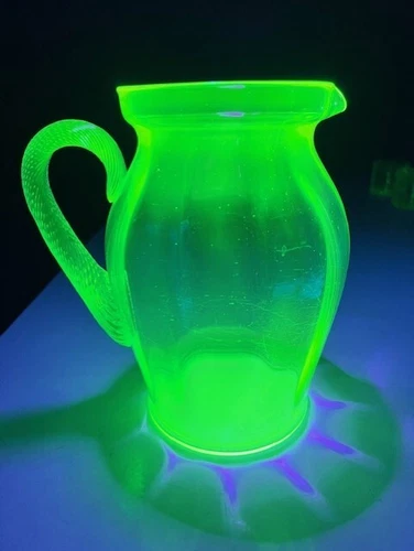 Vintage Uranium Green Depression Glass Pitcher w/Unique Handle - Glows!
