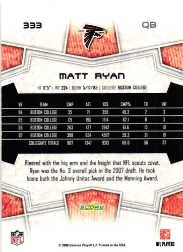 Puntuación #333 Matt Ryan RC Falcons 2008 - Imagen 2 de 2