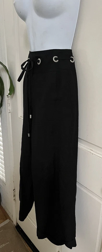 PANTOLOGY 全新带标签! 黑色亚麻/人造丝高腰绑带阔裤 14W 码 — 第 4/4 张图片