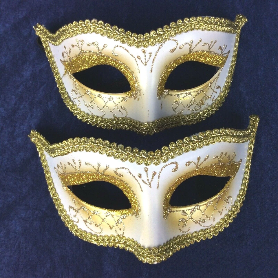 Máscara facial veneciana ribete dorado blanco banda elástica lote de 2 disfraces de Mardi Gras Foto 2 de 4