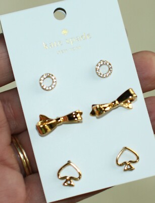 Kate Spade NY SET Gold Love Notes Skinny Bow Stud Earrings