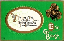 Postcard St Patrick's Day Erin Go Bragh Poem The Harp of Gold The Field of Green