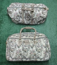 VTG FRENCH LUGGAGE CO TAPESTRY CARRY ON TRAVEL TOTE Cosmetic Case Gry Rose Lot 2