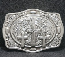 XB25117 VINTAGE 2006  THREE CROSSES  RELIGIOUS ARTWORK MENS PEWTER BELT BUCKLE