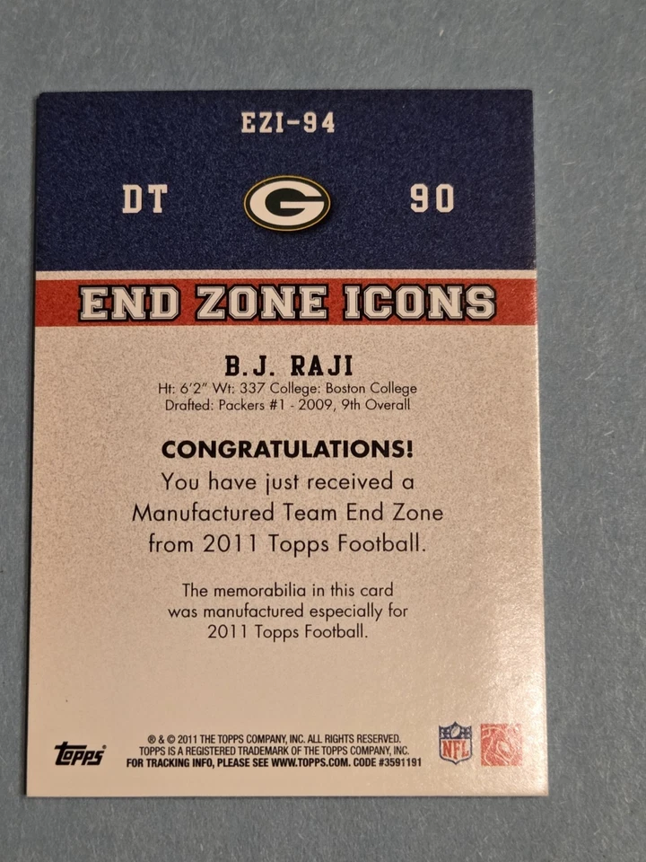 2011 Topps - End Zone Icons B.J. Raji #EZI-94 Packers Football Card  - Image 2 of 2
