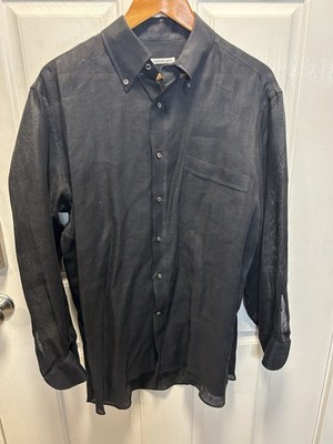 HARRISON JAMES Italy Black 100% Linen Button Down Shirt Men's IV XL Luxury Mesh