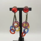 Vintage Lucite Earrings Shoulder Duster Circles Multicolor Gold Tone Clip Ons