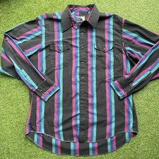 Vtg Wrangler Brushpopper Shirt Mens 17-36 Black Pink Teal Western Rodeo Cowboy