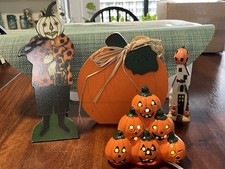 Four 4 Halloween Pumpkin Decorations Light Up Wood Ceramic Lot Used See Photos