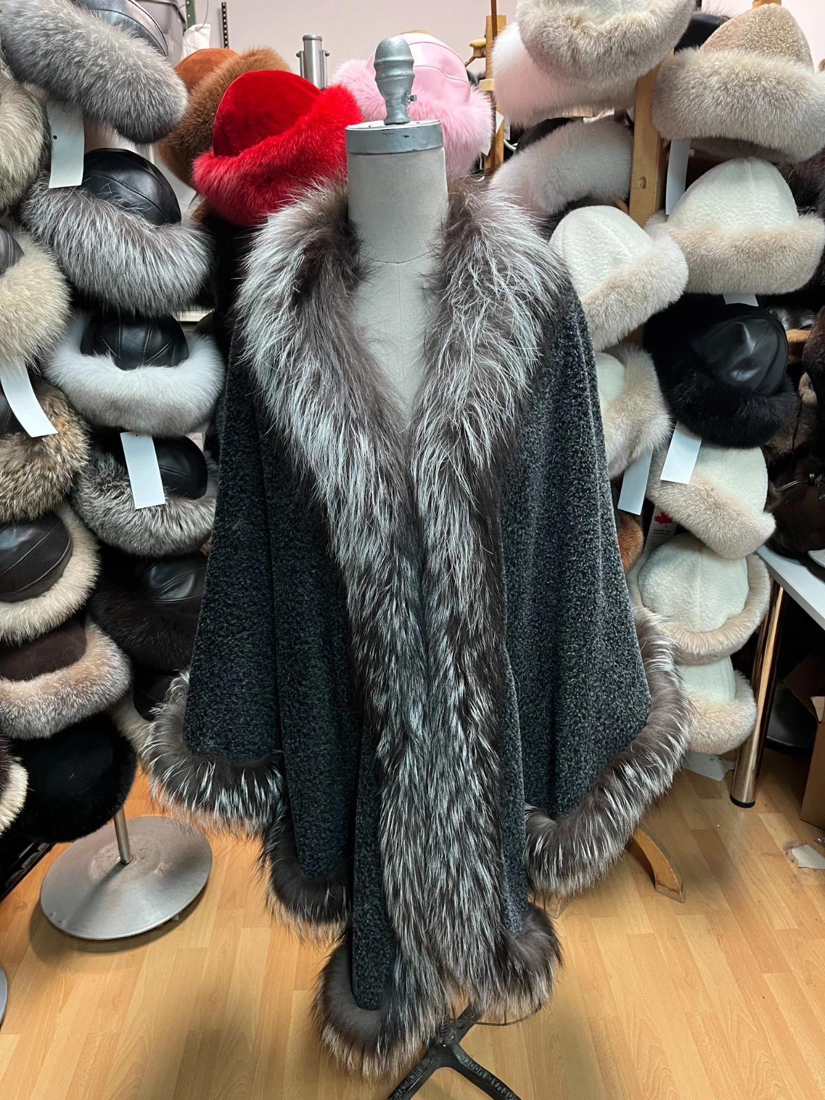 Luxury Charcoal Alpaca Cape with Genuine Silver Fox Fur Trim Made in Canada