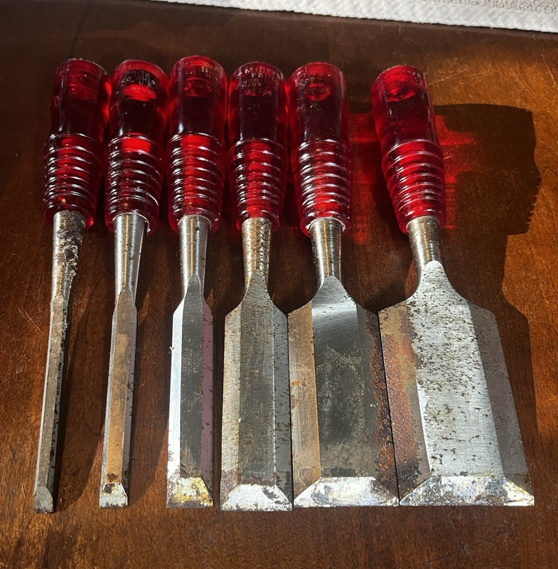 Set of 6 Millers Falls Wood Chisel Set Steel Blades *Red Handles*