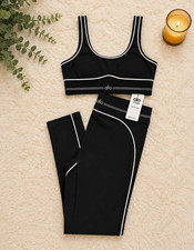 Alo Yoga 2-Piece Athleisure Set Bra Leggings Black/White Trim Stretch S