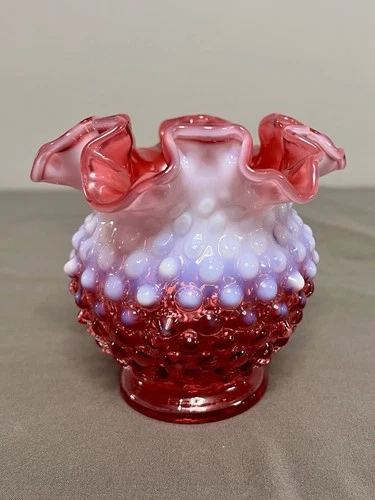 VTG Fenton Cranberry Hobnail Opalescent Glass Vase Ruffled Edges 4.5”