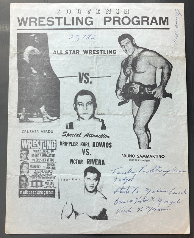 1970 MADISON SQUARE GARDEN NEW YORK WRESTLING PROGRAM BRUNO SAMMARTINO v. VERDU