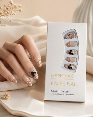 Künstliche Fingernägel Press On Kunstnägel 24 Beige/Schwarz/Weiß Mandel Schleife