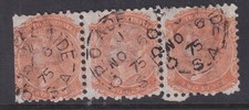 SOUTH AUSTRALIA, 1872 2d. Orange, watermarked SA, strip of 3, used.