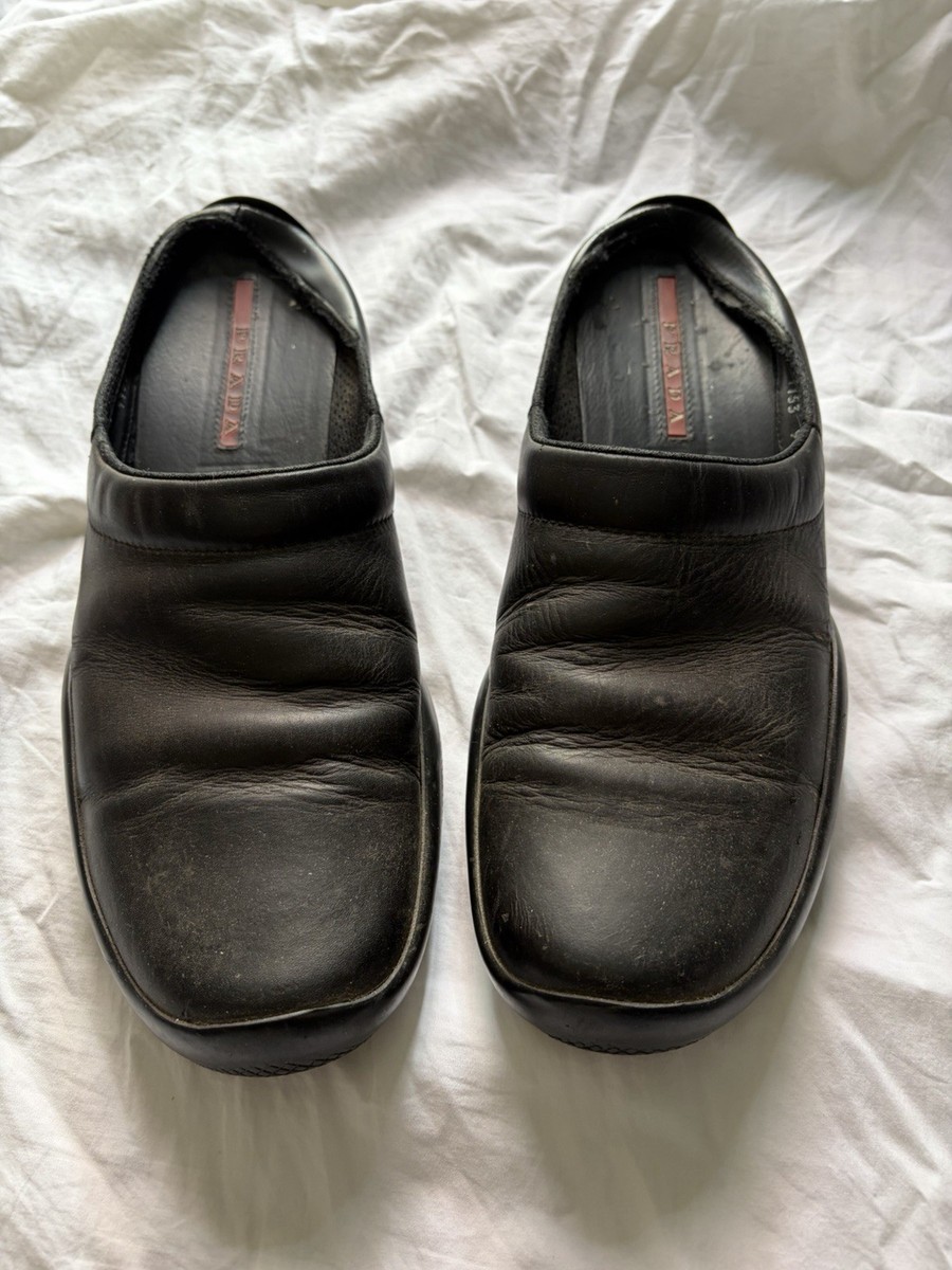 90s Vintage Prada Men's Black Leather Mules/Slides Size 9 UK 10 US