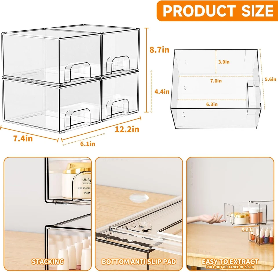 4 Pack Clear Stackable Storage Drawers,4.4'' Tall Acrylic Drawer Containers for  - Image 3 of 4