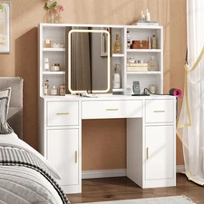 Vanity Desk with Sliding Mirror & LED Lights, Smart Makeup Table with Charging S