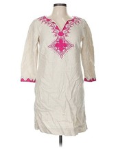 Tommy Hilfiger Nature Beige 100% Linen Peasant Dress Size M Ornate Embroidery