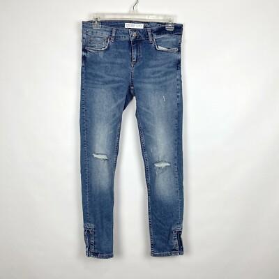 Zara Women's Size 4 Z1975 Basic Denim Distressed Grommet Cuff Straight Leg Jeans