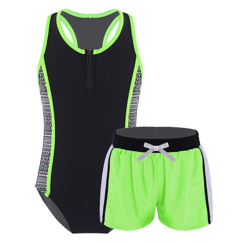 Kids Girls Swimsuit Sleeveless Floral Print Leotard with Shorts Bathing Suit - Picture 12 of 90