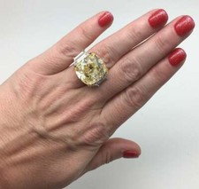 Gorgeous Fancy Yellow Cushion Cut 29.10CT Citrine  Two Side CZ Three Stone Ring