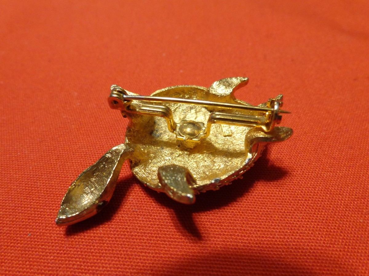 ANTIQUE TURTLE PIN J J WESTON MANY RHINESTONES VERY UNIQUE GOLD