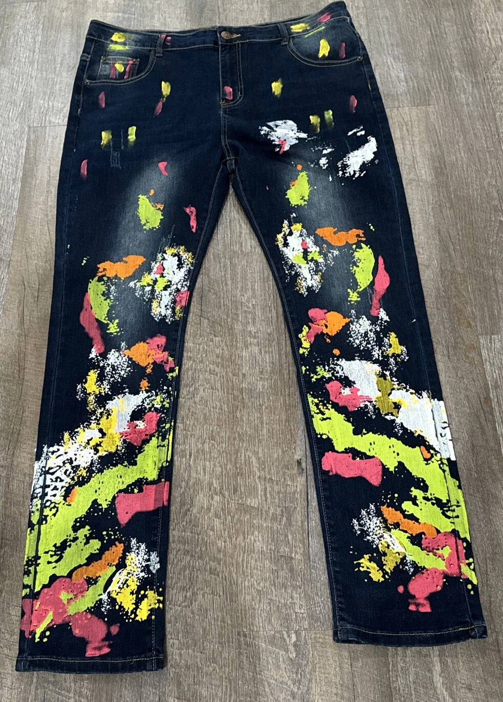 Wear Jeans Size 40 Multicolored Painted Denim Stretch Retro Boho Hippie Art Pant