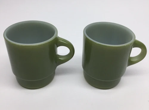 Vintage Fire King Anchor Hocking Stackable Avocado Green Coffee Mugs Set of 2